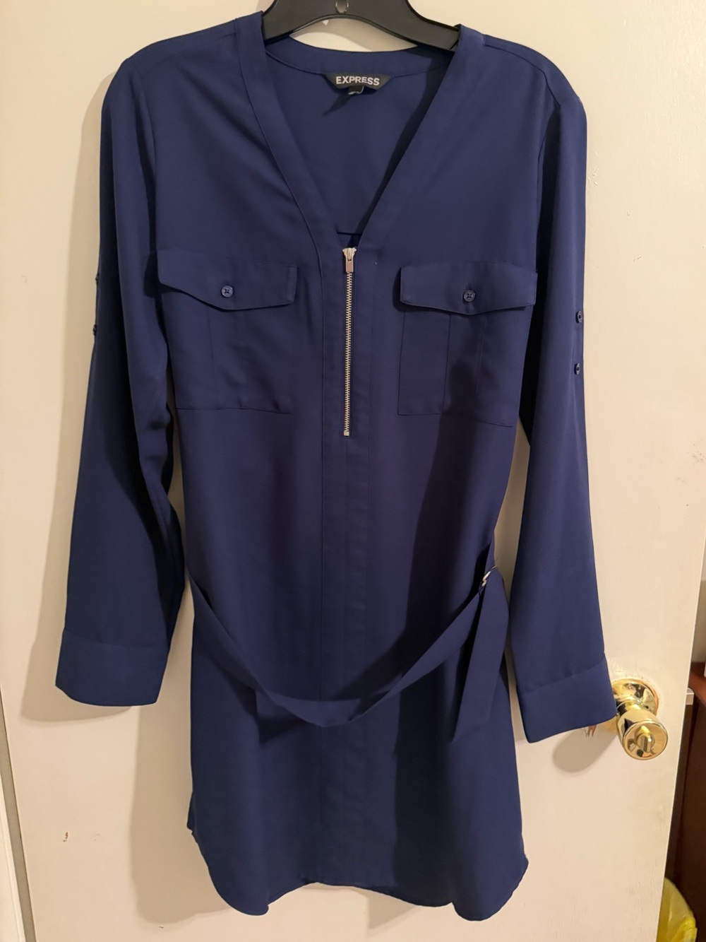 Express Navy Blue Button Up Dress with Sash